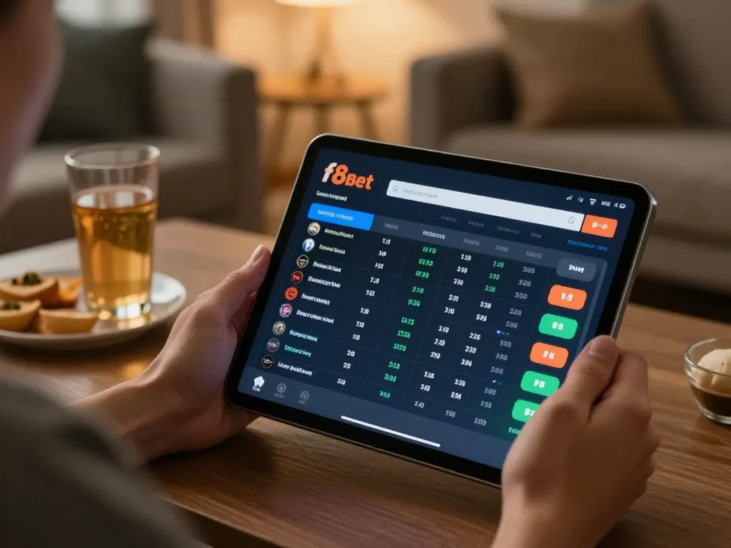 Experience f8bet online sports betting action on a tablet in a cozy home setting