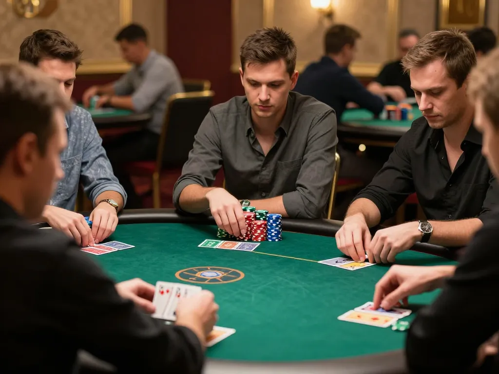 Players engage in a high-stakes poker game at RR88, showcasing intense focus and vibrant atmosphere.