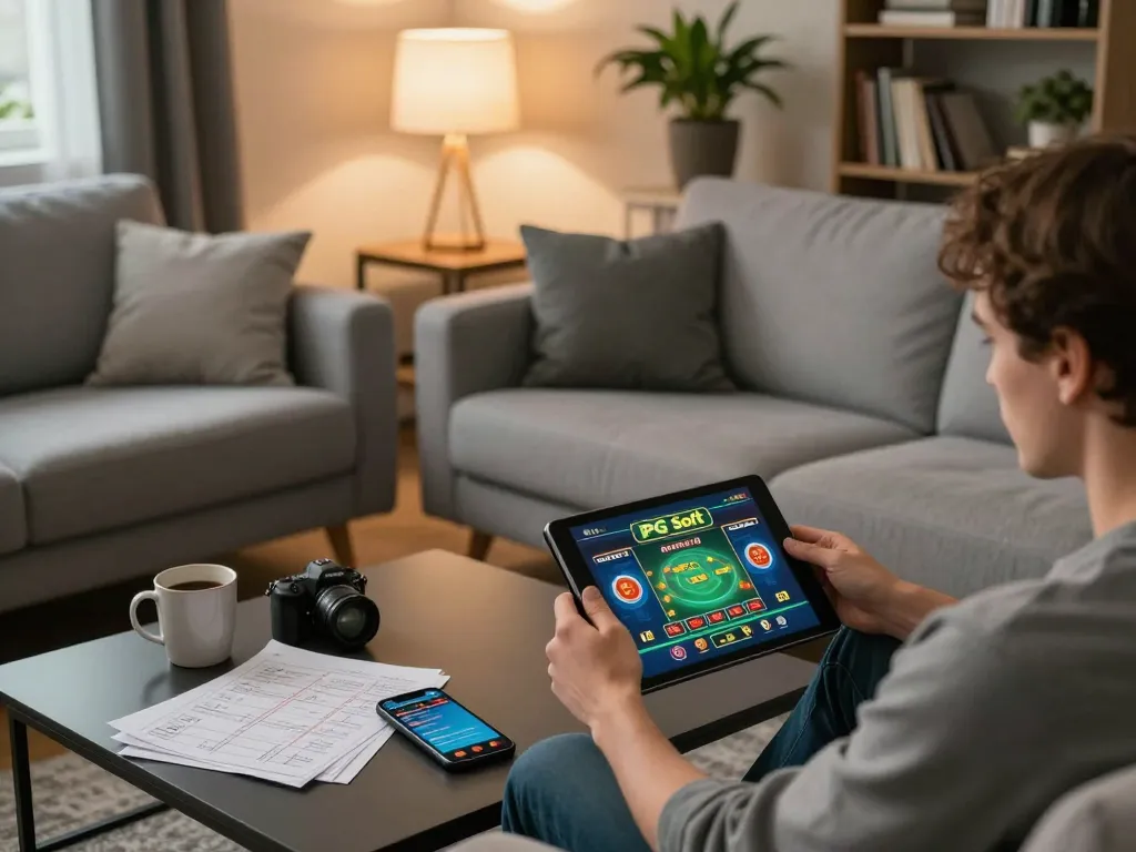 Memainkan PG Soft Demo Gratis di tablet dalam ruang tamu yang nyaman, menampilkan suasana permainan yang bertanggung jawab.