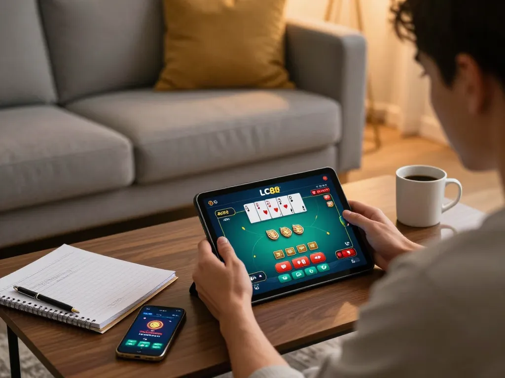 Engaging poker gameplay on LC88 trang chu within a cozy home setting, showcasing strategy notes and gaming interface.