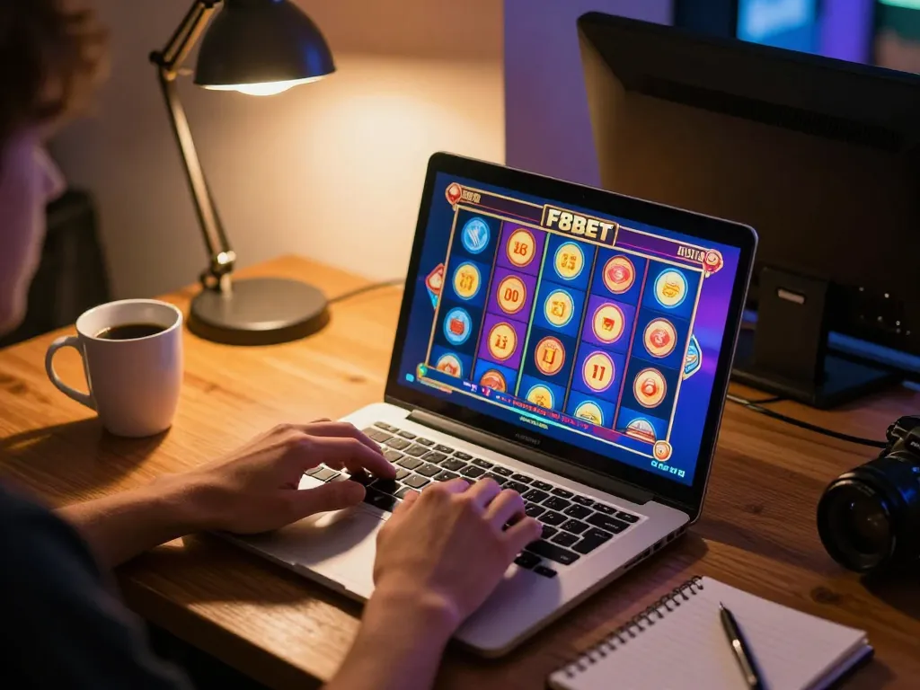 Engaging online gameplay on F8BET casino platform with vibrant slot machine display and cozy atmosphere.