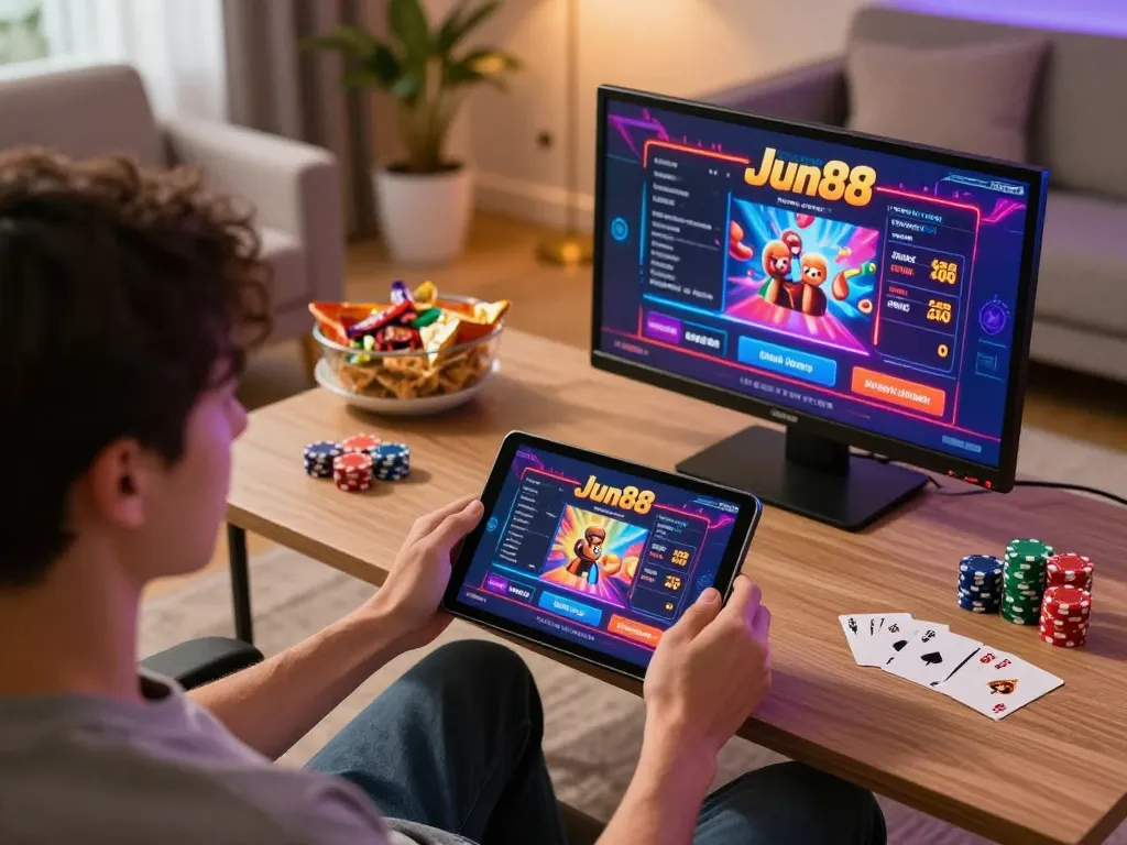 Player enjoying a strategic game on Jun88's online casino platform in a cozy home setting.