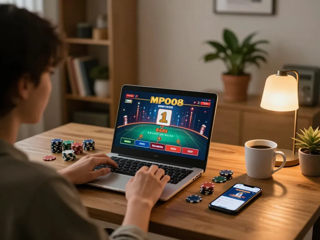 MPO08 player enjoying an online casino game in a cozy home setting, promoting responsible gaming