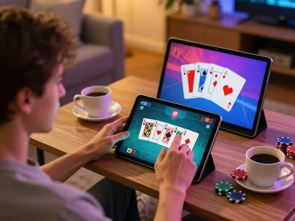B52CLUB player enjoying online poker in a cozy home setting, showcasing strategic play.