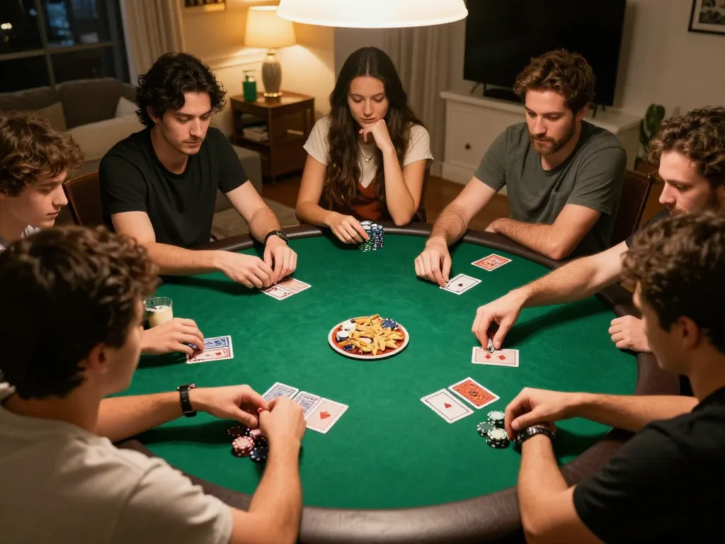 Enthusiastic players at home poker night strategizing while using Jilipinas login for online updates