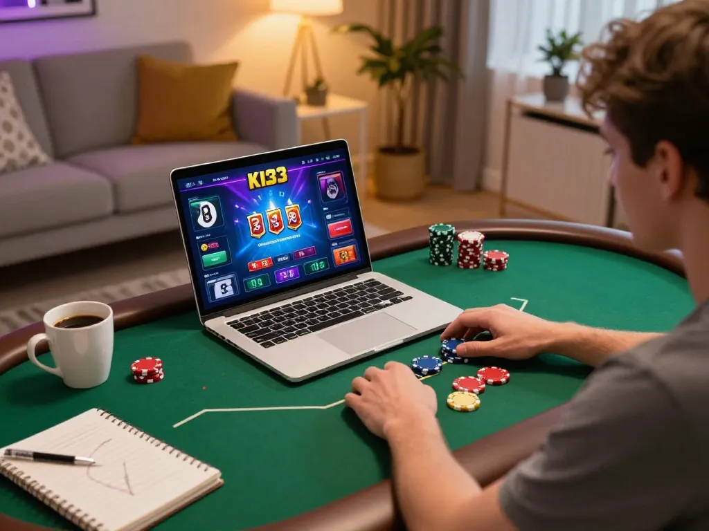 Engaging poker gameplay experience with king33 in a cozy home gaming setup.