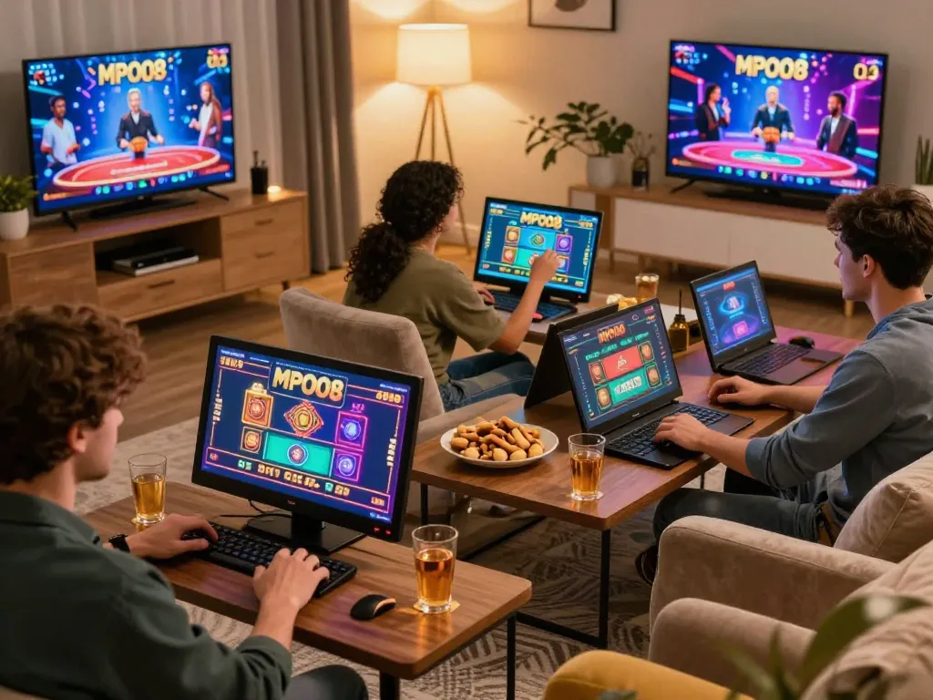 MPO08 players enjoying interactive online gameplay in a vibrant, cozy home setting.