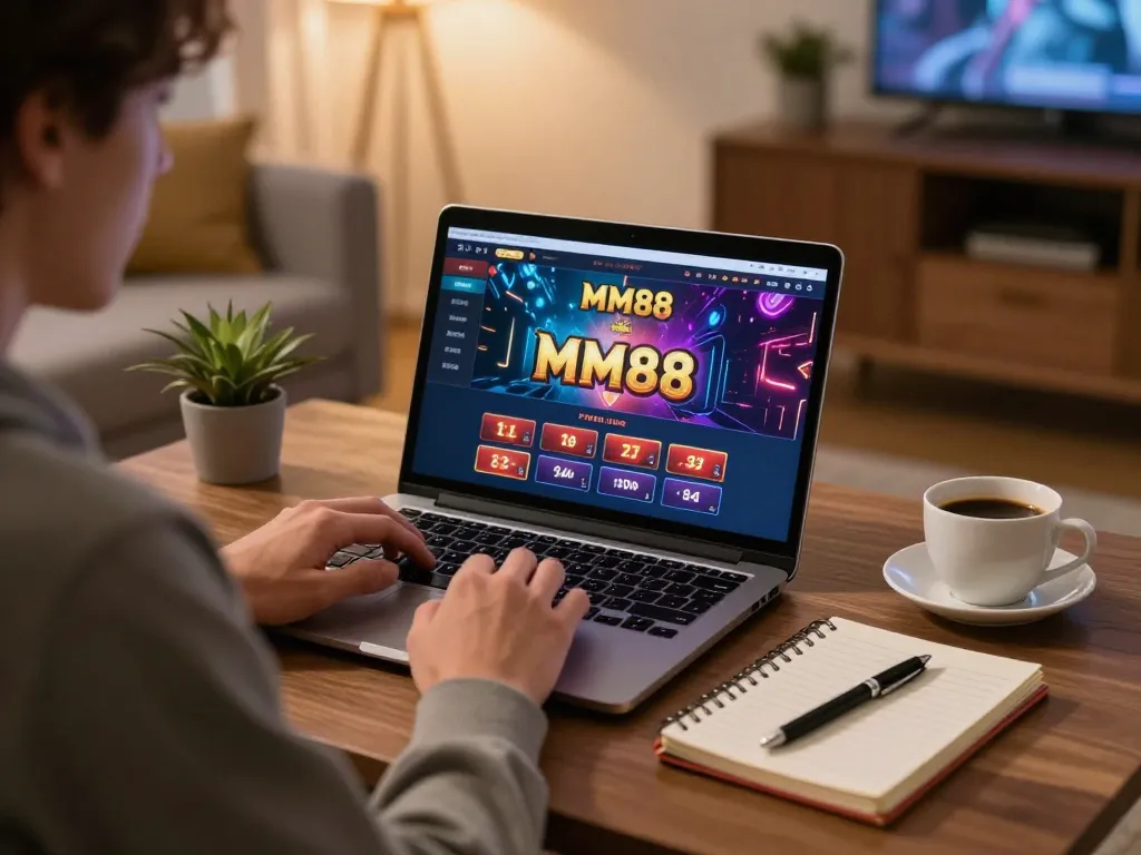 Engaging player using MM88 casino interface on laptop in cozy home setting