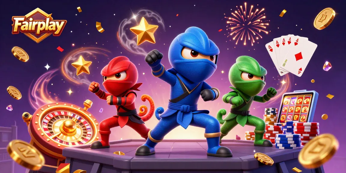 Engage with Fairplay as the ninja chameleon trio performs thrilling casino acrobatics amidst coins and cards.