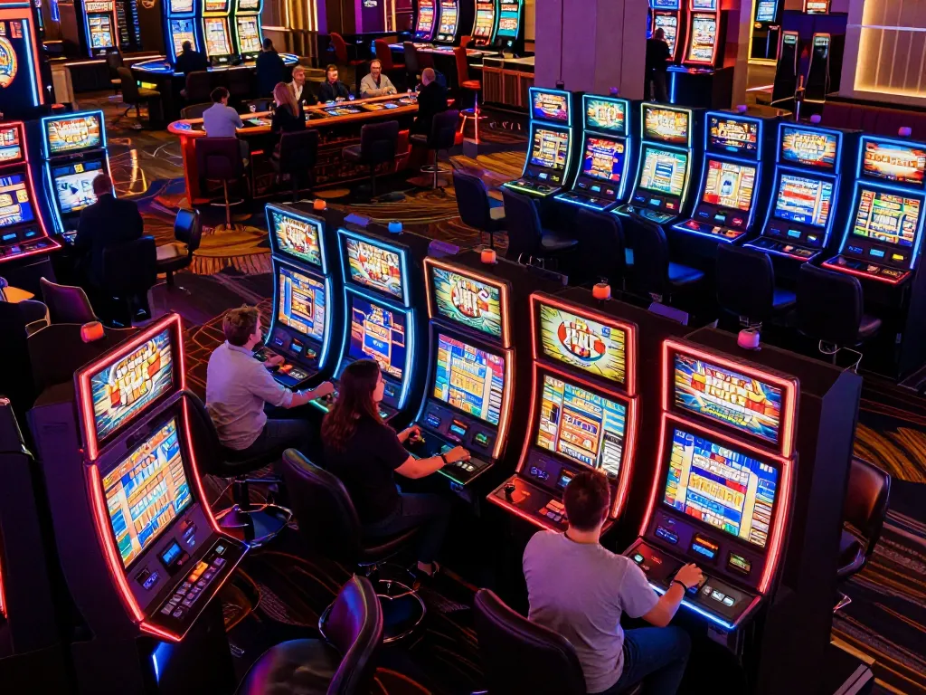 KDSlot77 players enjoying vibrant slot machines in an exciting casino atmosphere