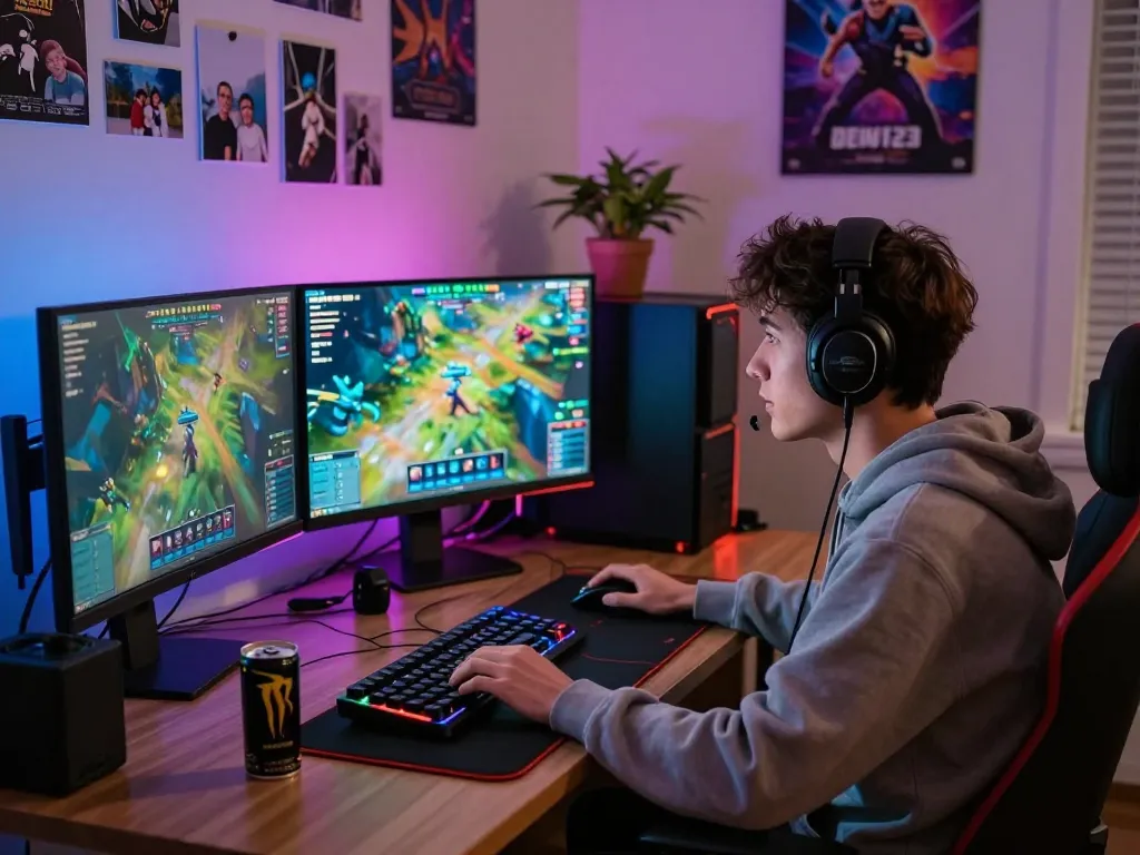 Gamer focused on DEWI123 with multiple monitors and vibrant graphics, showcasing an immersive gaming setup.