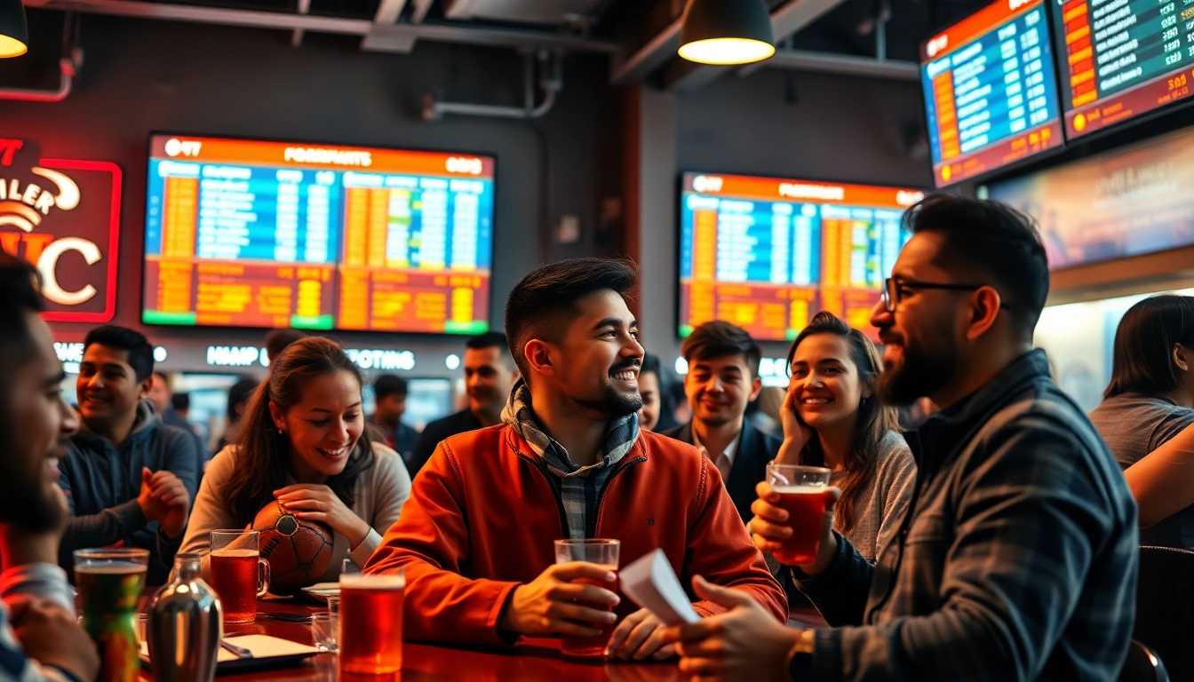 Kèo nhà cái 5: Enthusiastic fans analyzing football betting odds at a vibrant sports bar.