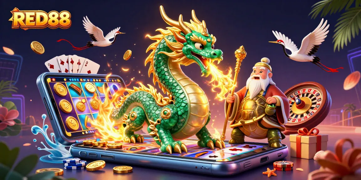 Engage with RED88's vibrant casino scene featuring a jade dragon, turtle sage, and lucky cranes!