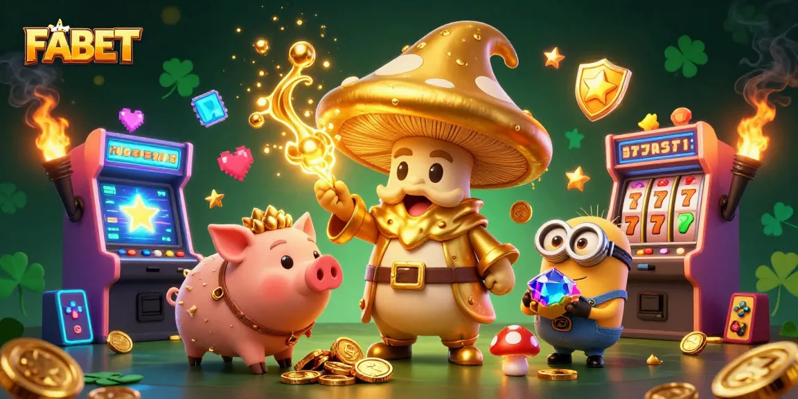 FABET slots scene featuring a magical mushroom wizard, treasure, and arcade machines.