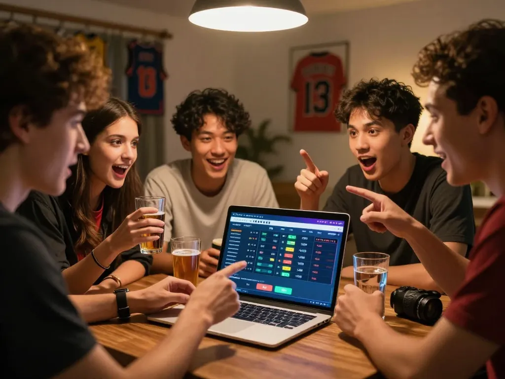 Friends placing bets on okwin while enjoying a lively sports viewing party