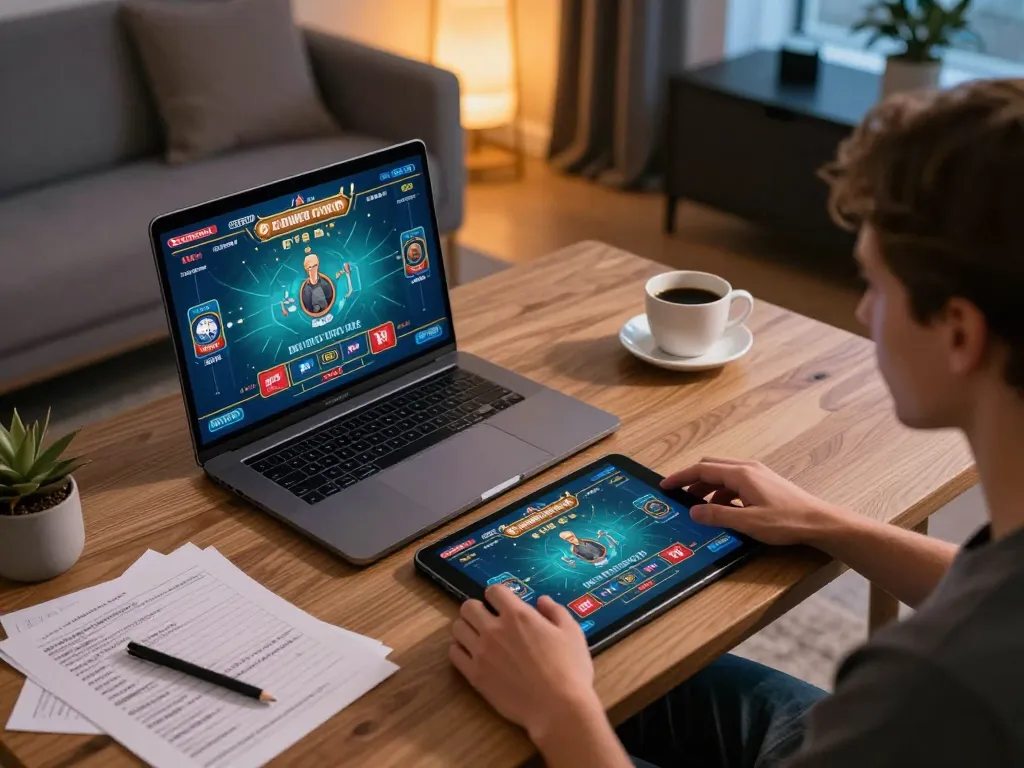 Engaging in online gaming at Nhà Cái FB88 with laptops and strategies for better betting.