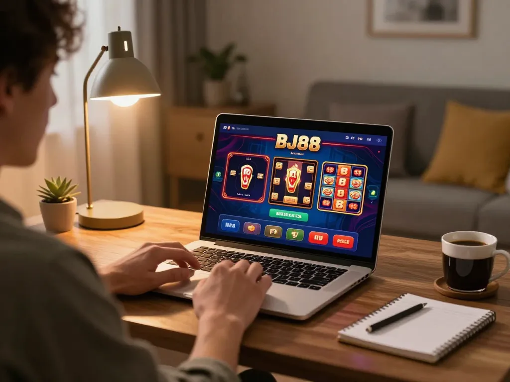 BJ88 online gaming scene with a player engaging in casino actions on a laptop, creating a vibrant atmosphere.