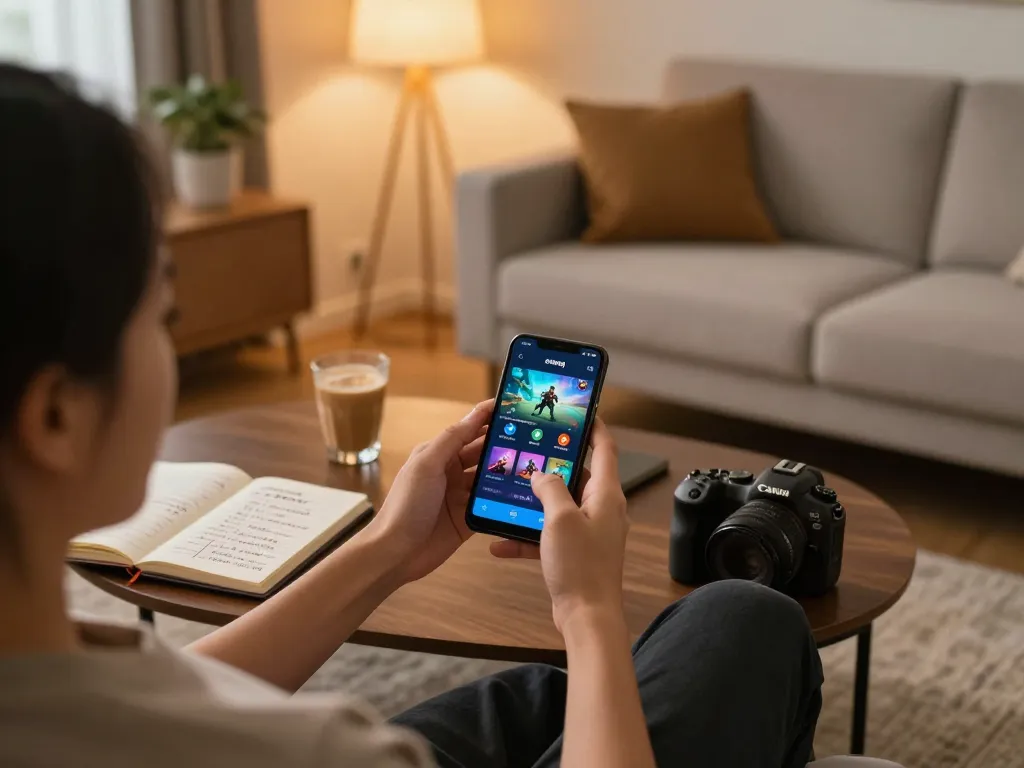 Berkecimpung dengan aplikasi mobile emaqq untuk permainan daring di sofa yang nyaman, menunjukkan suasana santai namun strategis.