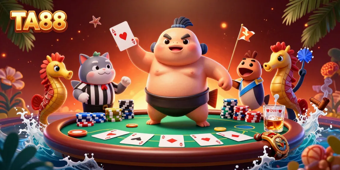 Engage in exciting poker action with TA88 in this vibrant underwater themed illustration.
