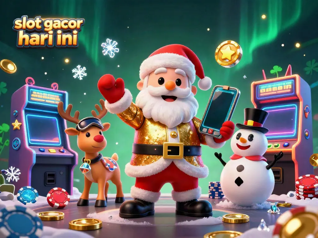 Slot gacor hari ini diilustrasikan dengan Santa Claus dan teman-temannya di kasino 3D.