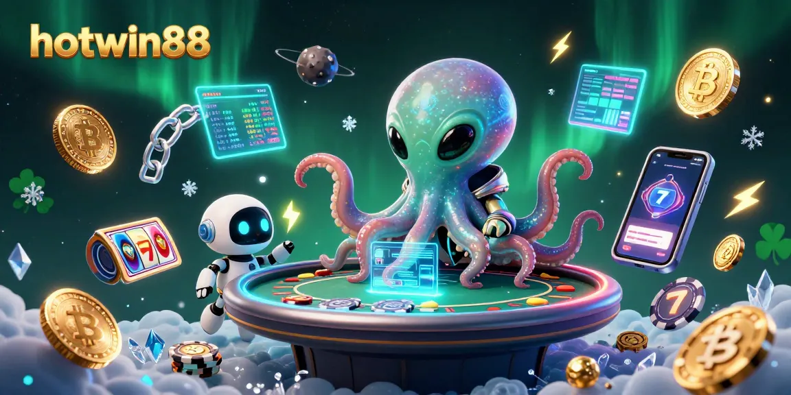 Play exciting games at hotwin88 with vibrant 3D aliens, poker tables, and crypto elements.