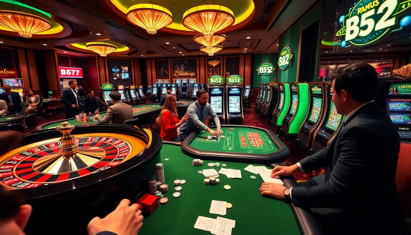 B52 players enjoying thrilling casino games with a vibrant roulette wheel and slot machines.