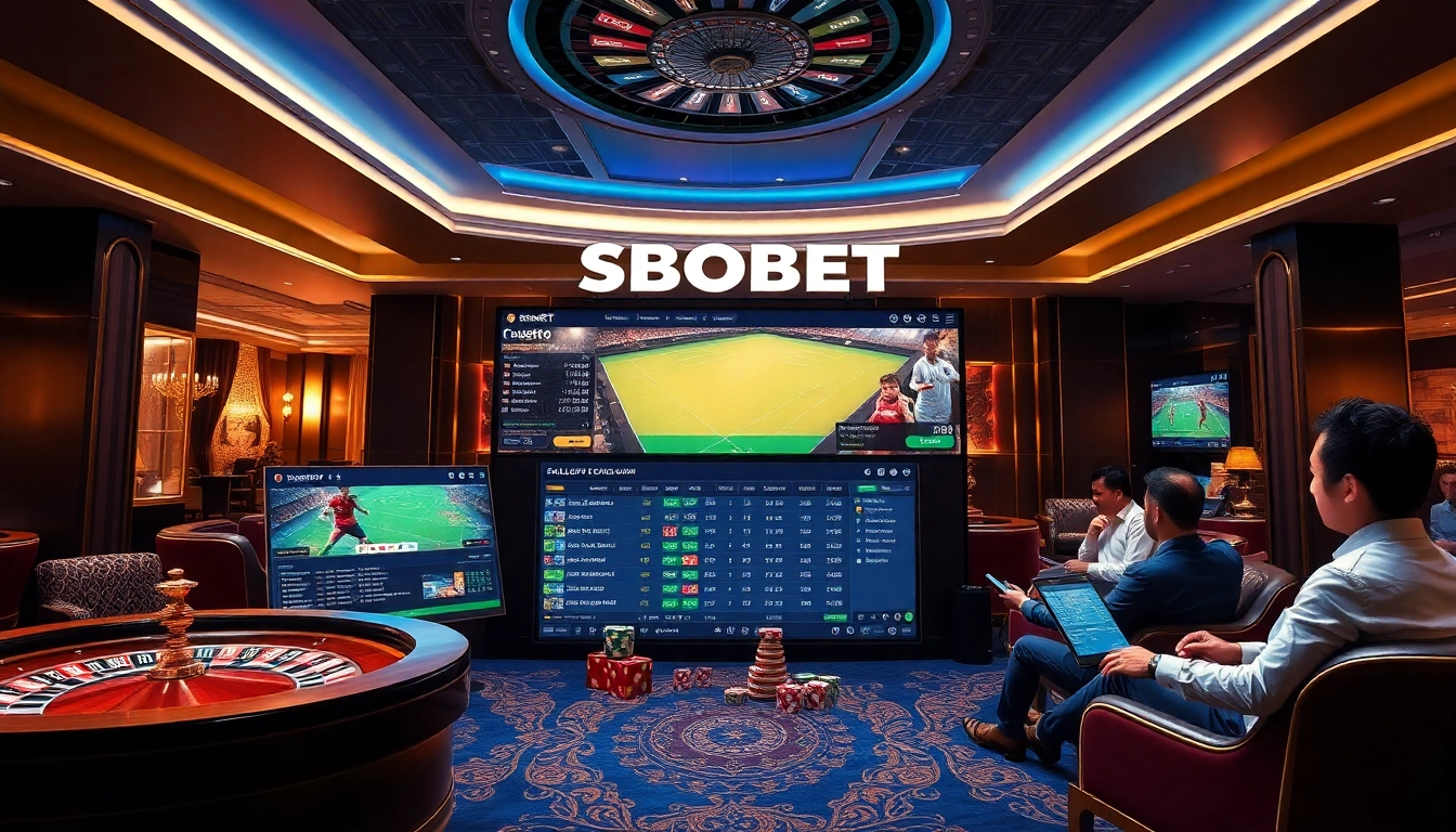 SBOBET sports betting interface with vibrant graphics and dynamic betting odds in a luxurious online casino setting.