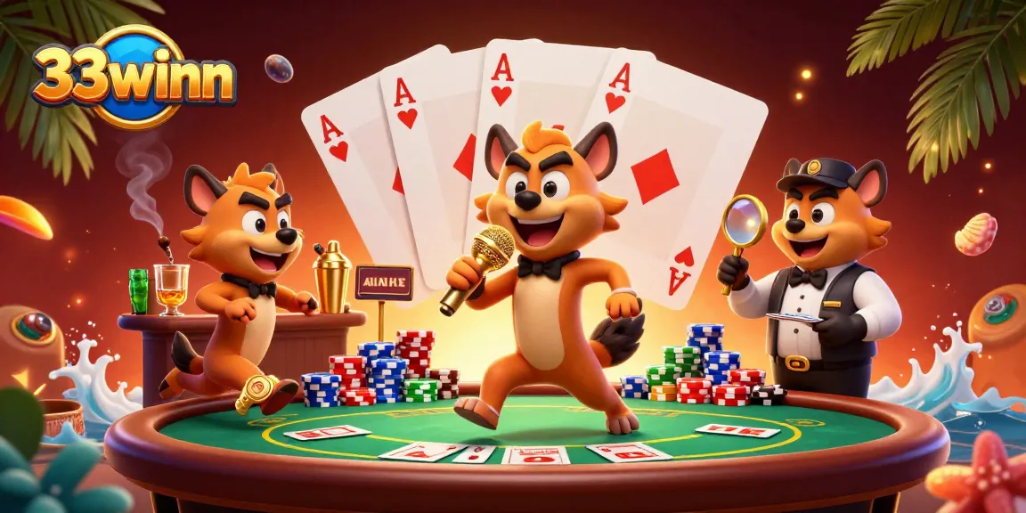 Experience the vibrant energy of 33winn's casino club with hyenas enjoying poker games and cocktails.