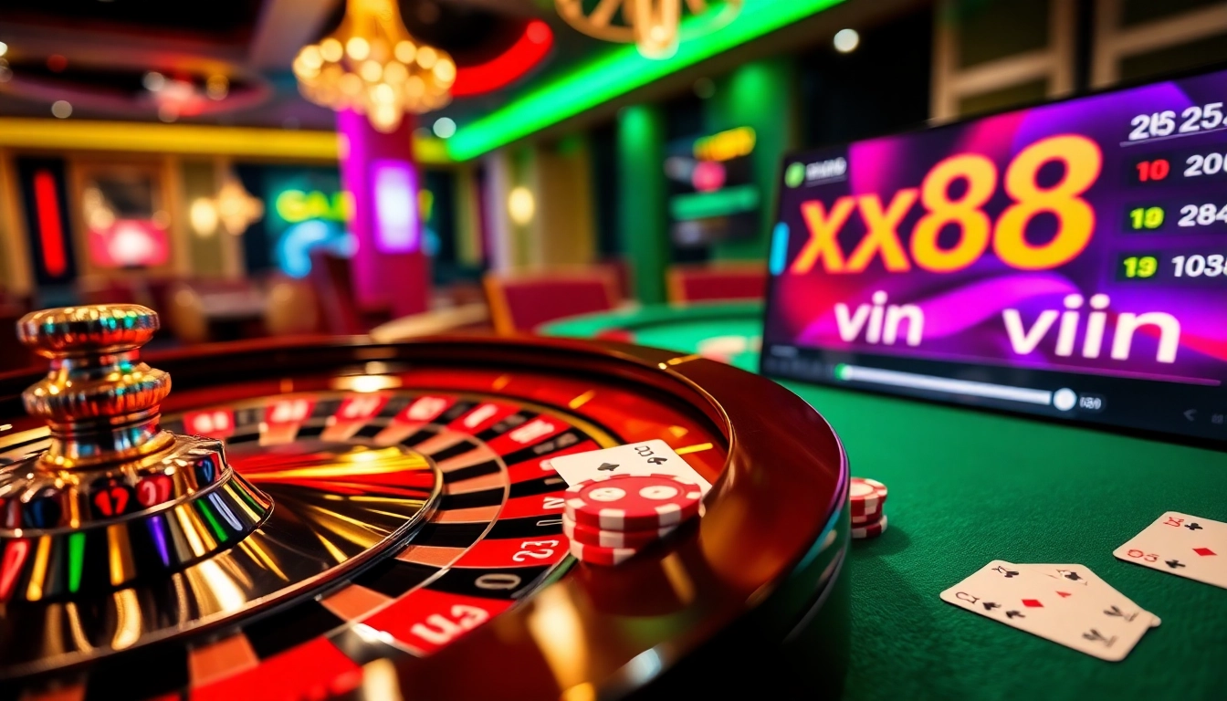 Exciting gaming action at xx88 vin casino featuring roulette and poker chips.