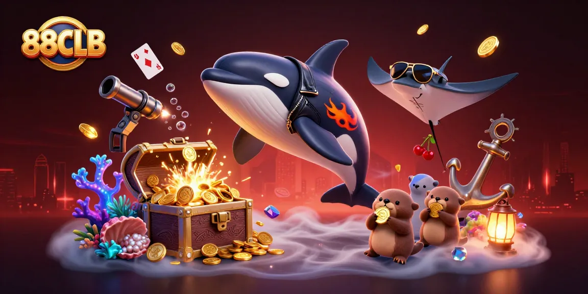 Win with 88CLB in this vibrant 3D scene of an orca, stingray, and otters holding coins.