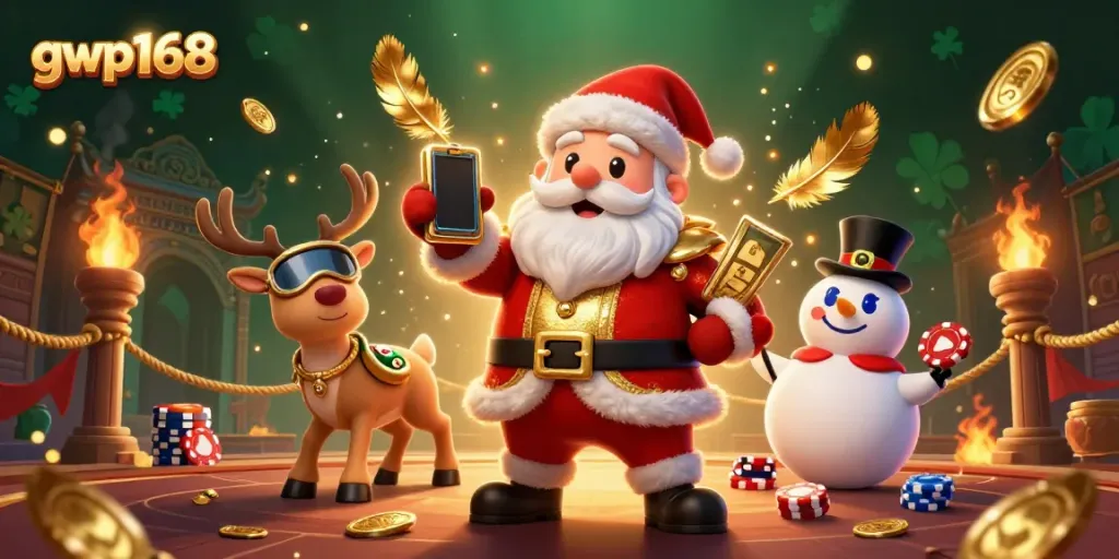 Menangkan jackpot dengan gwp168, Santa Claus beraksi di kasino dengan rekan-rekan lucu.