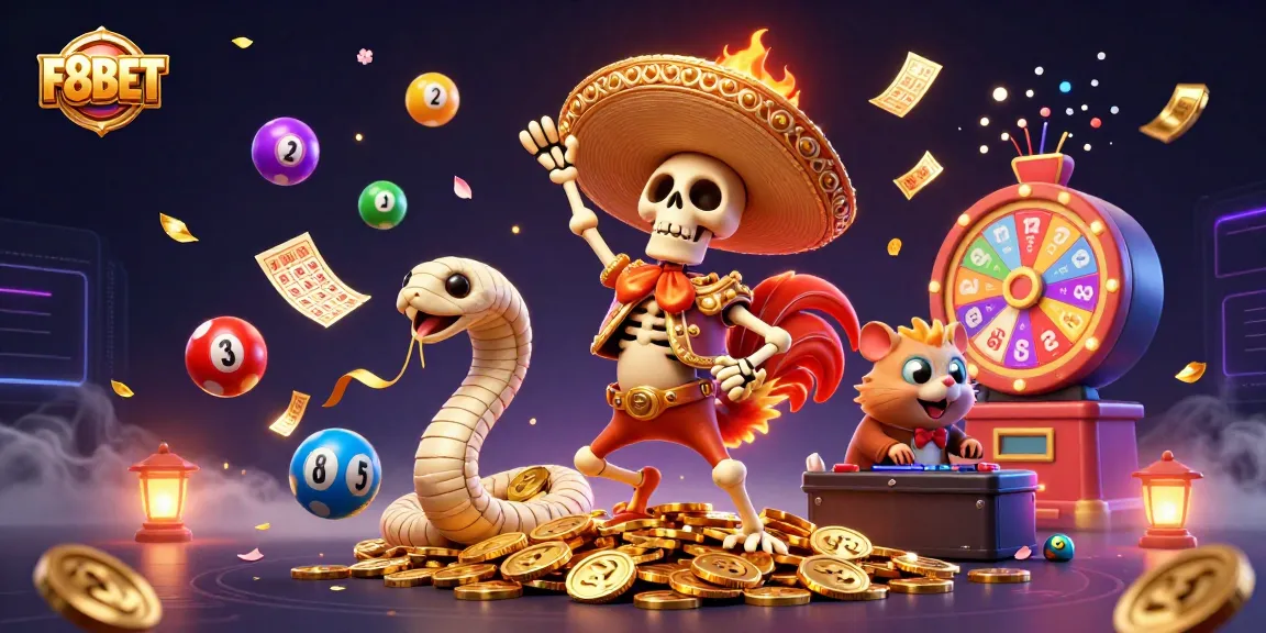 Join the F8BET festivities with a vibrant dance party featuring a playful skeleton rooster, mummy snake, and DJ hamster amidst golden coins and lottery elements.