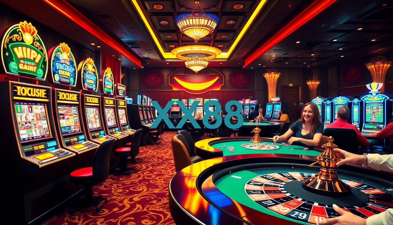 Gambling excitement at XX88 casino with vibrant tables and colorful chips.