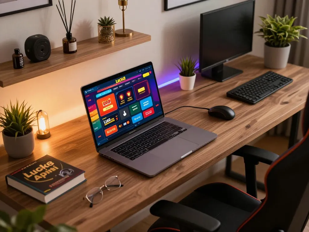 Luck8 online gaming setup showcasing vibrant interface with warm ambient lights in stylish home office.