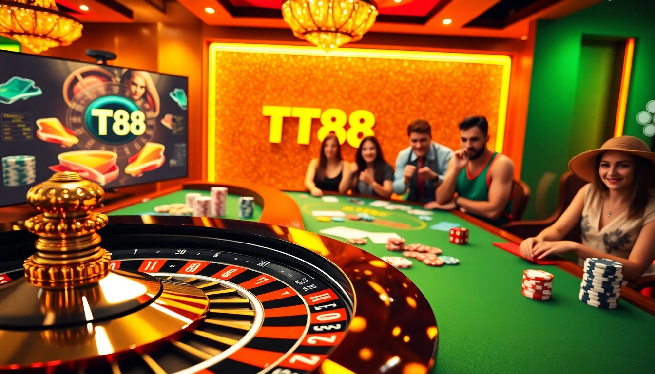 Experience TT88's thrilling casino atmosphere with vibrant tables and excited players.