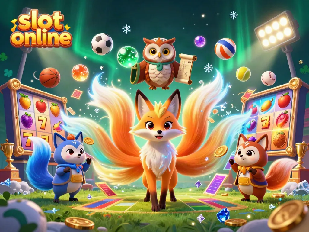 Rasakan keseruan bermain slot online dengan ilustrasi 3D kartun berwarna-warni, termasuk simbol keberuntungan dan elemen kasino.