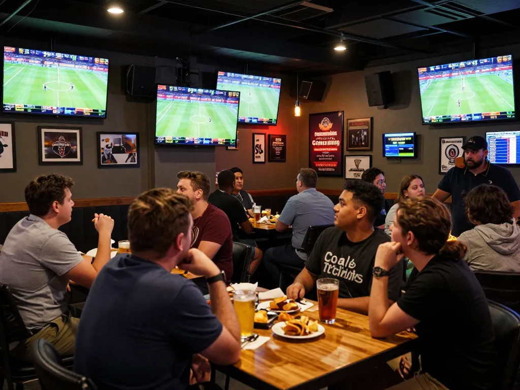 Engaged sports bettors using nowgoal for live odds and scores at a lively bar atmosphere.