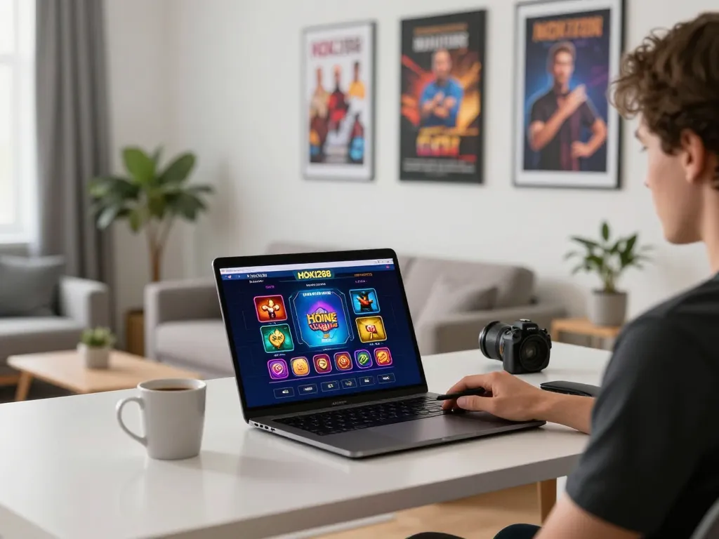 Pemain terlibat menikmati permainan online HOKI288 dengan laptop di pengaturan yang nyaman.