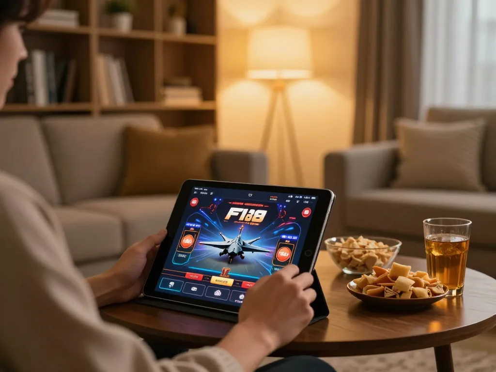 Engaging F168 online casino gaming experience on tablet in cozy living room setting.