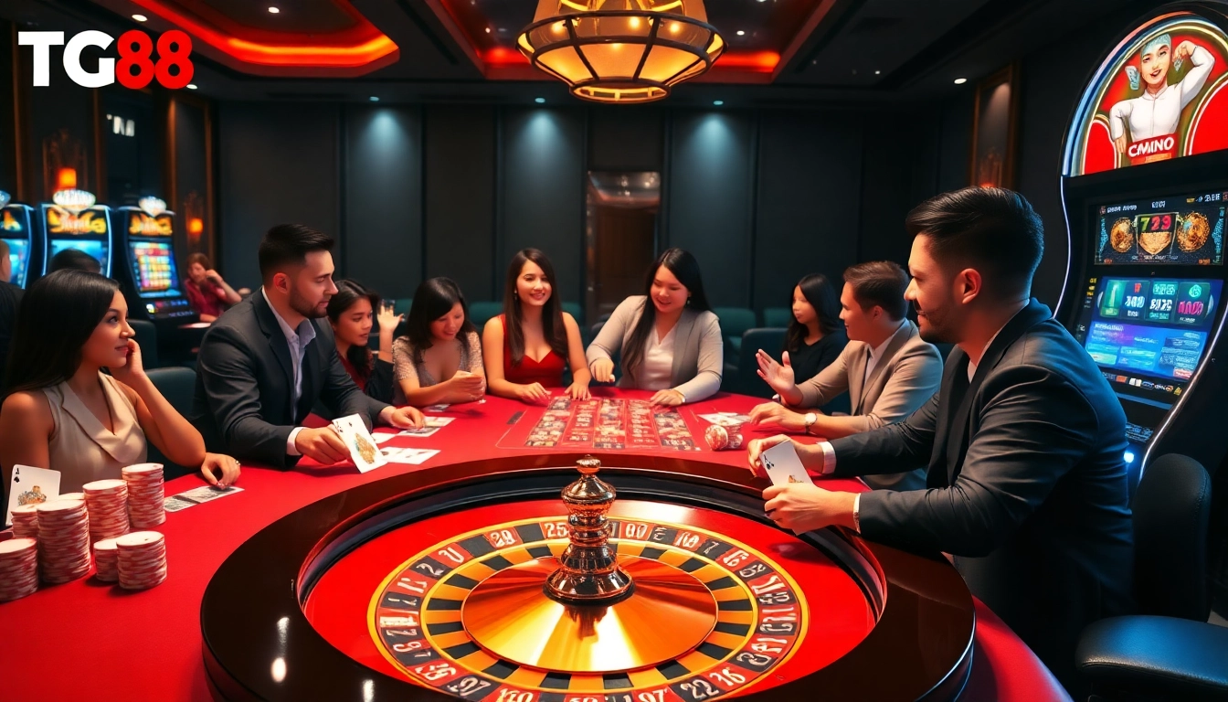 Gamblers enjoying a high-stakes game at TG88 casino with vibrant tables and luxury decor.
