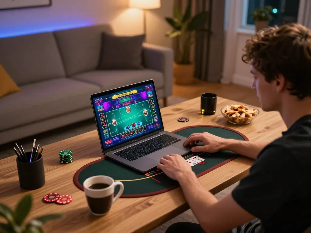 LIGALGO offers interactive online blackjack gameplay with a user enjoying a strategic session at home