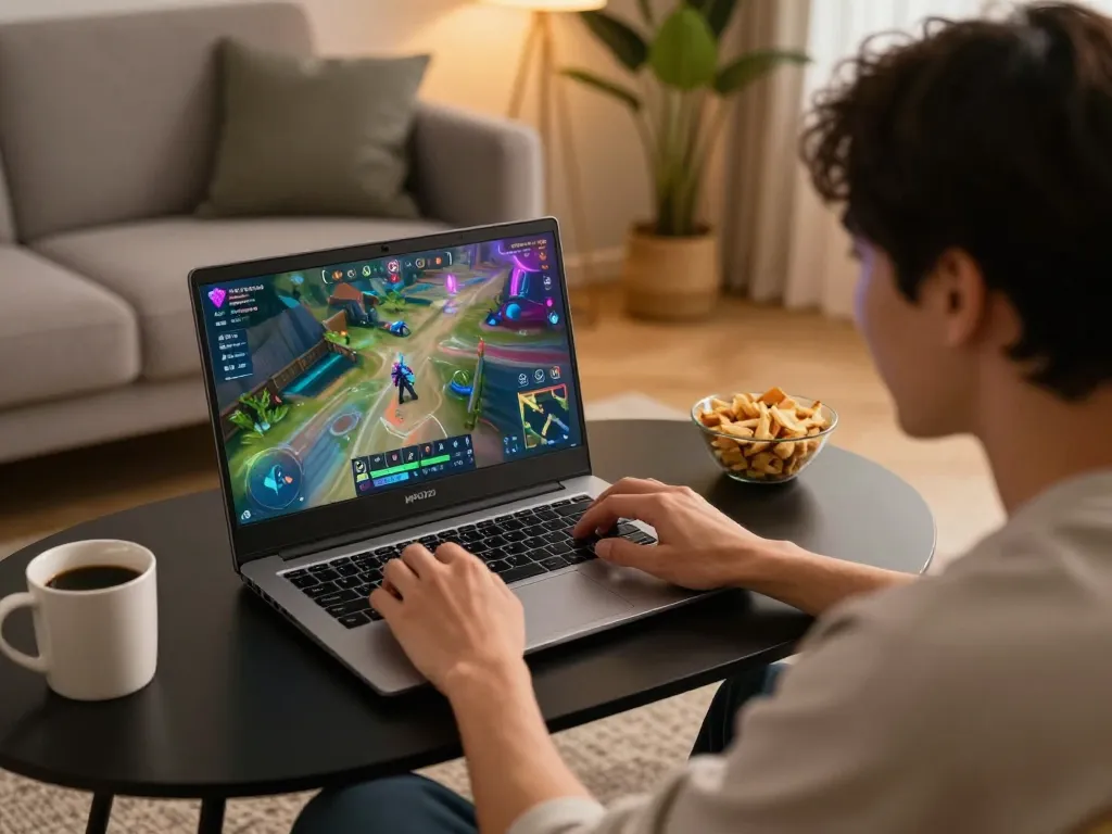 MPOID online gaming session with a player immersed in action at home.