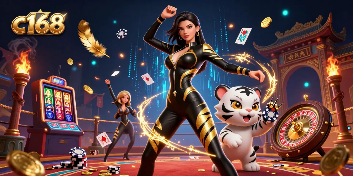 Experience exciting gameplay at c168 with a striking 3D illustration of a woman and tiger amidst a dynamic casino scene.
