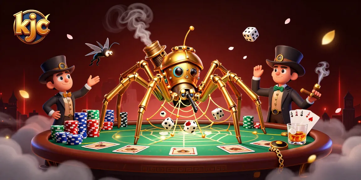 Engage with thrilling KJC gaming scenes featuring a steampunk spider and poker elements.