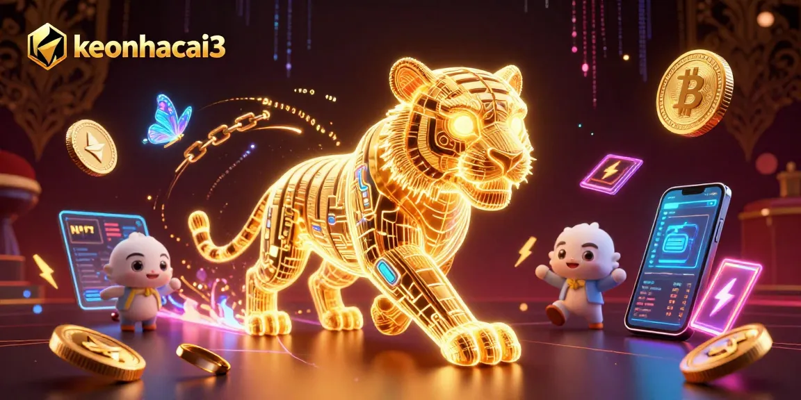 Place bets wisely with keonhacai3 in this vibrant digital casino scene showcasing cryptocurrency elements.