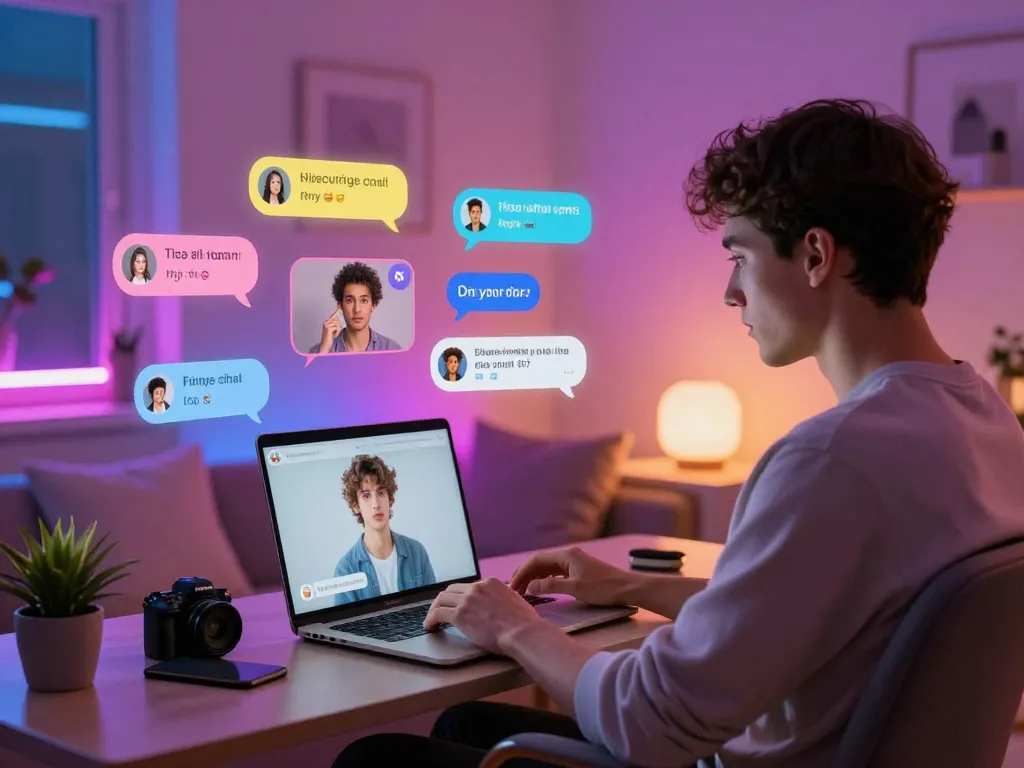 Engaging in AI sex chat on a laptop, showcasing vibrant chat bubbles and intimate messages in a cozy environment.