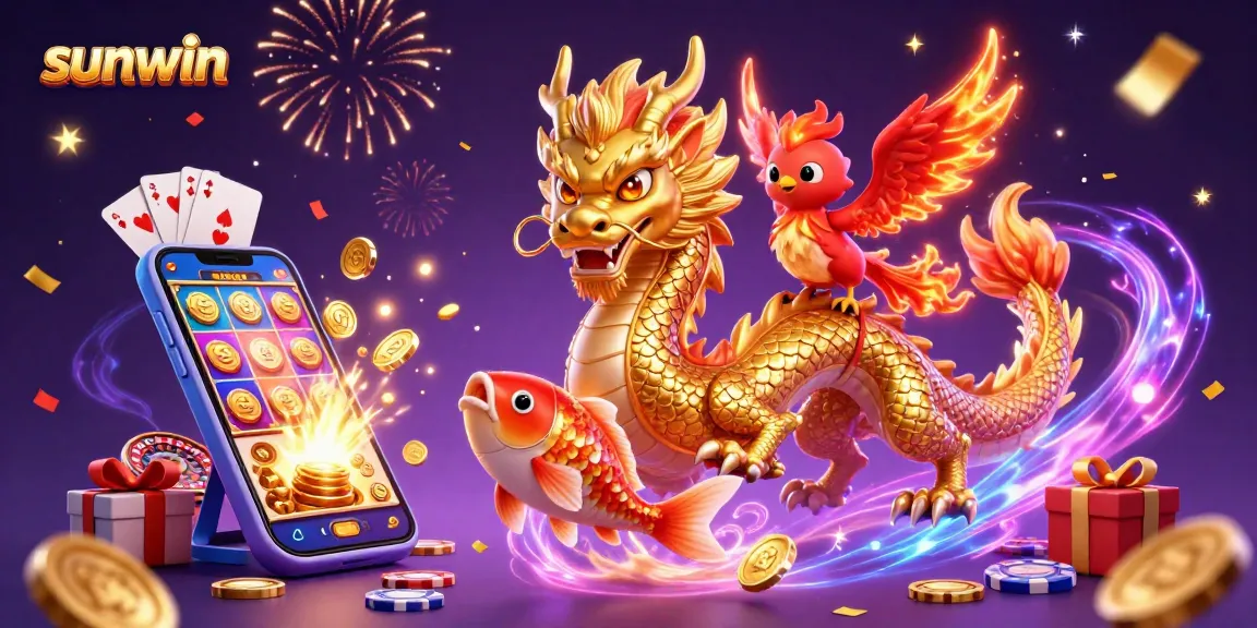 Play exciting casino games with sunwin, featuring a dynamic 3D scene with a dragon, phoenix, and koi fish amidst vibrant gaming elements.