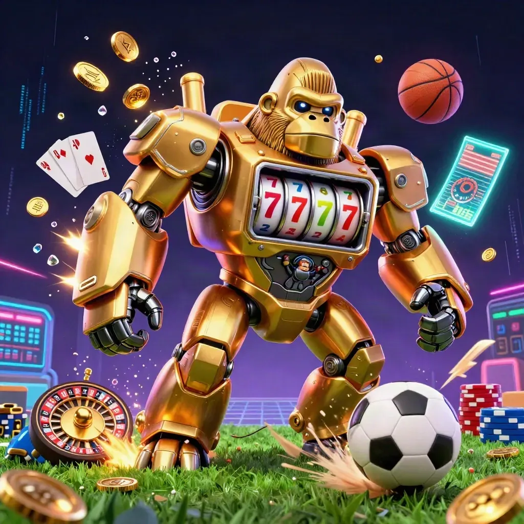 Golden gorilla mech with monkey pilot amid flying casino tokens and a frozen soccer strike.