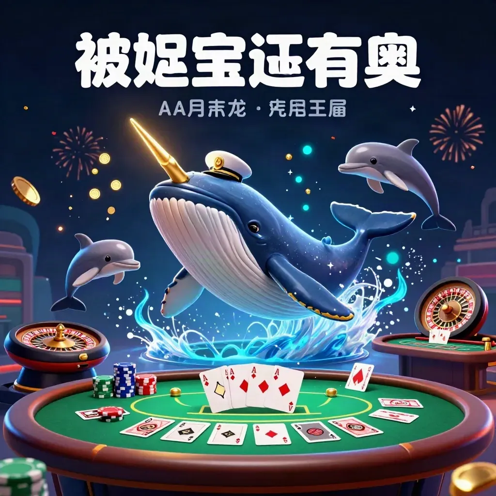 Captain whale, narwhal and dolphins amid casino props, coins, blue neon glow, dark premium background
