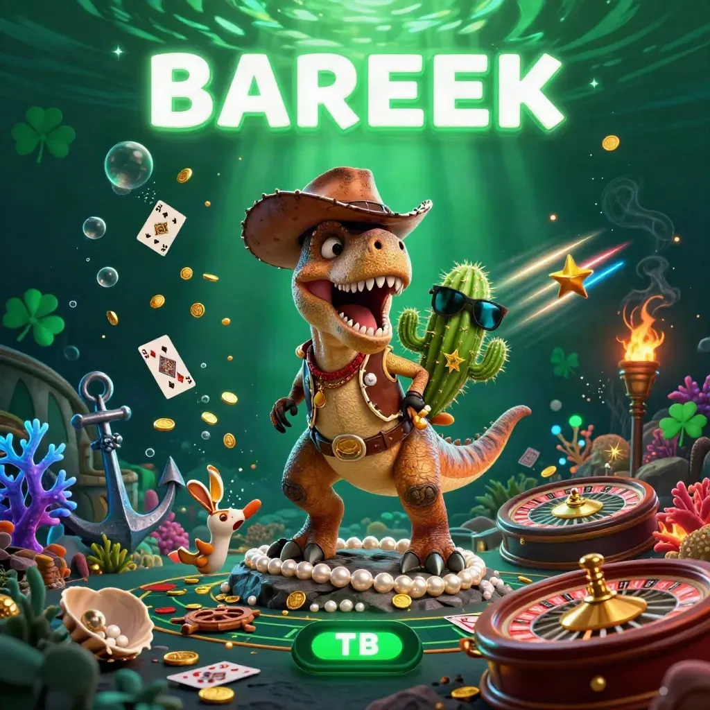 Cowboy T-Rex, cactus sidekick, and sheriff roadrunner amid neon casino treasure